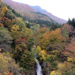 蛇渕の滝は県境にあって、道路から10分ほど歩いて下ると紅葉に染まった滝が眼前に迫ります。陽光があればもっとよかった！