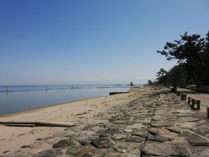 ③ 雨晴海岸：富山の景勝地No.1の雨晴海岸。遠く雄大な山が見えたのですが、写真にはよく写っていないのが残念です。