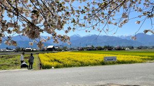 中央に常念岳、右隅には有明山